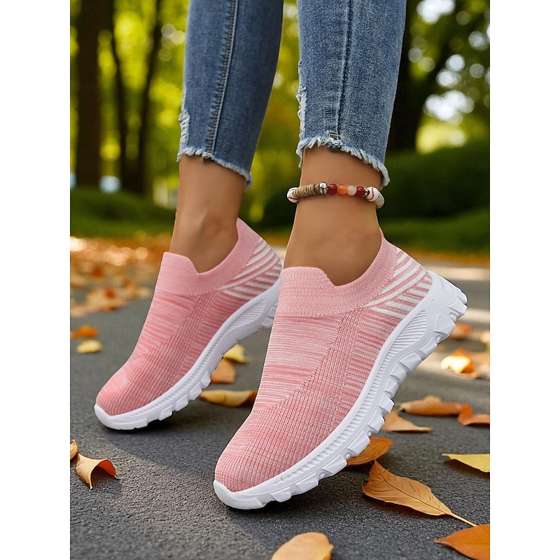 Women's Pink Flyknit Slip-On Sneakers with White Sole – Casual Lightweight Walking Shoes for Fitness, Travel and Everyday Wear3