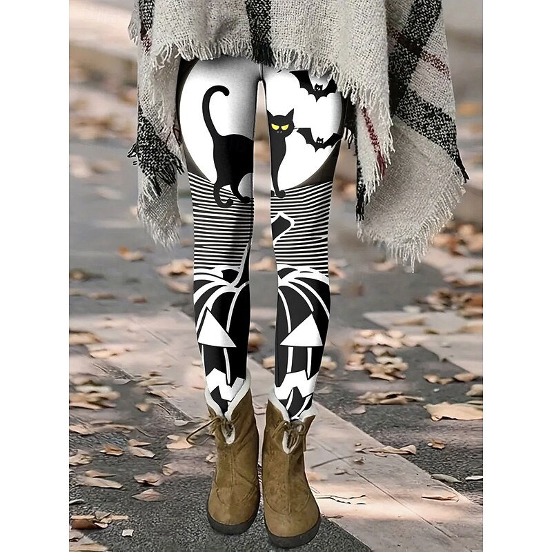 Women's Leggings Vacation Vintage Fashion Full Length High WaistPantsHalloween Graphic Animal Cat Printing Thermal Warm Soft Breathable Stretchy Formal Outdoor Vacation Black Orange Green Rainbow