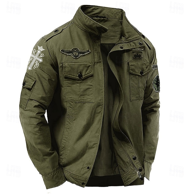 Men's Cotton Embroidered Military Jacket Windbreaker with Shoulder Straps Long Sleeve Standing Collar Multi-Pockets Trucker Jacket Cross Print Tactical Outerwear