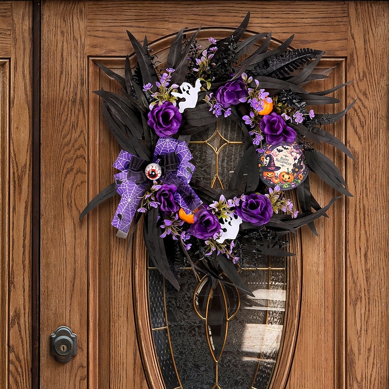 Halloween Wreath For Front Door Indoor Outdoor Decoration Artificial Roses Wooden Sign Spooky Branches Vine Circle Horror Party Hanging Home Decor3