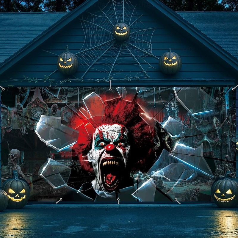 Halloween Garage Door Cover Large Hanging Backdrop Clown Bloodstains Psychedelic Dark Party Outdoor Shooting Backgrounds Front Door Home Decor