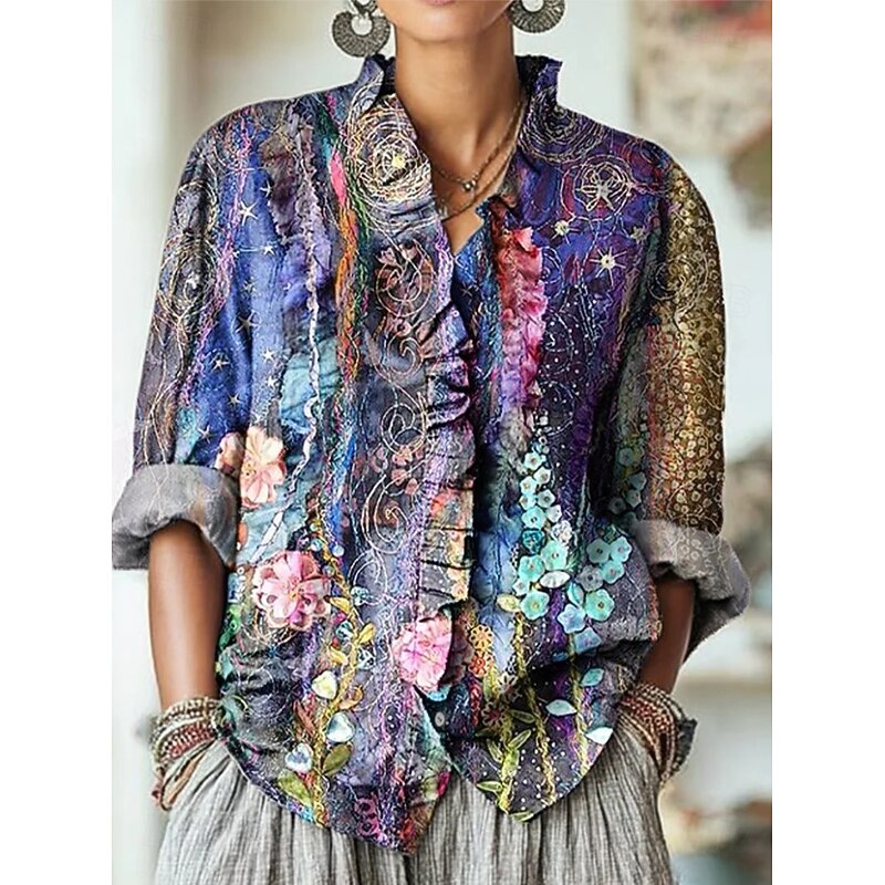 Women's Boho Shirt Floral Elegant Bohemia Active Long Sleeve V Neck Work Daily Holiday Ruched Ruffle Pink Purple Brown Green Khaki Spring Fall3