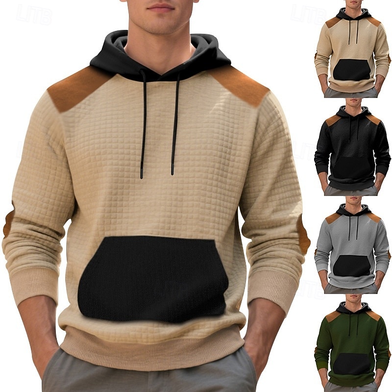 Men's Hoodie Waffle Hoodies Pullover Hoodie Sweatshirt Black Army Green Khaki Gray Hooded Plain Patchwork Color Block Sports & Outdoor Casual Daily Streetwear Cool Sportswear Spring &  Fall Clothing