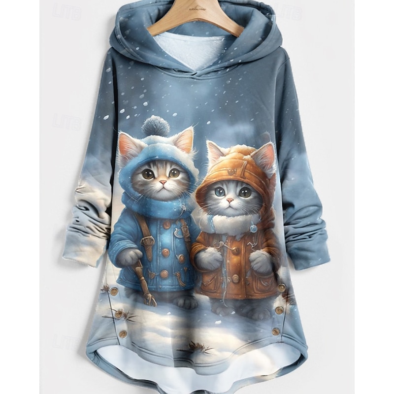 Women's Pullover Hoodie Sweatshirt Hoodies Cat Streetwear Casual Long Sleeve Hooded Regular Tops Holiday Going out Print Black Blue Light Grey Light Blue Fall Winter2