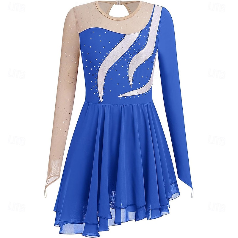 Figure Skating Dress for Women Girls Long Sleeve Mesh Sequin Rhinestone Ice Skating Dress Ballet Competition Dancewear4