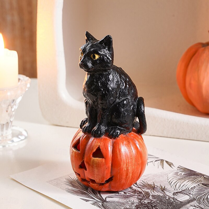Halloween Resin Black Cat Sitting Figurine, Cute Hand-Painted Animal Decor, Handmade Craft Ornament for Home, Garden & Indoor Decoration4