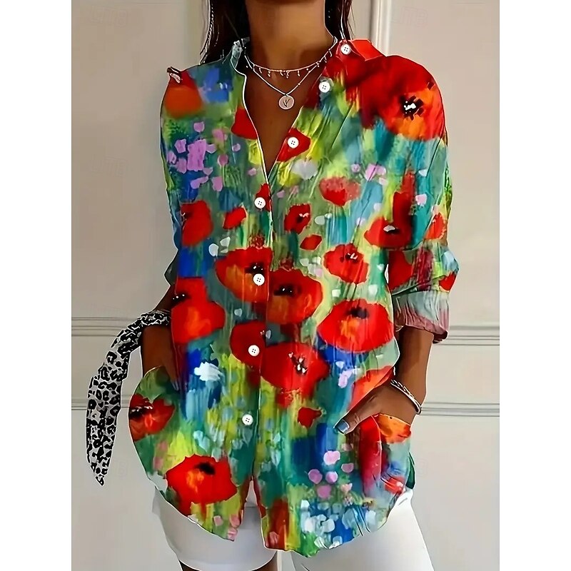 Women's Shirt Button Down Tunic Shirt Collar Long Sleeve Floral Graphic Vintage Tropical Stylish Regular Tops Work Daily s Print Red Spring Fall Winter