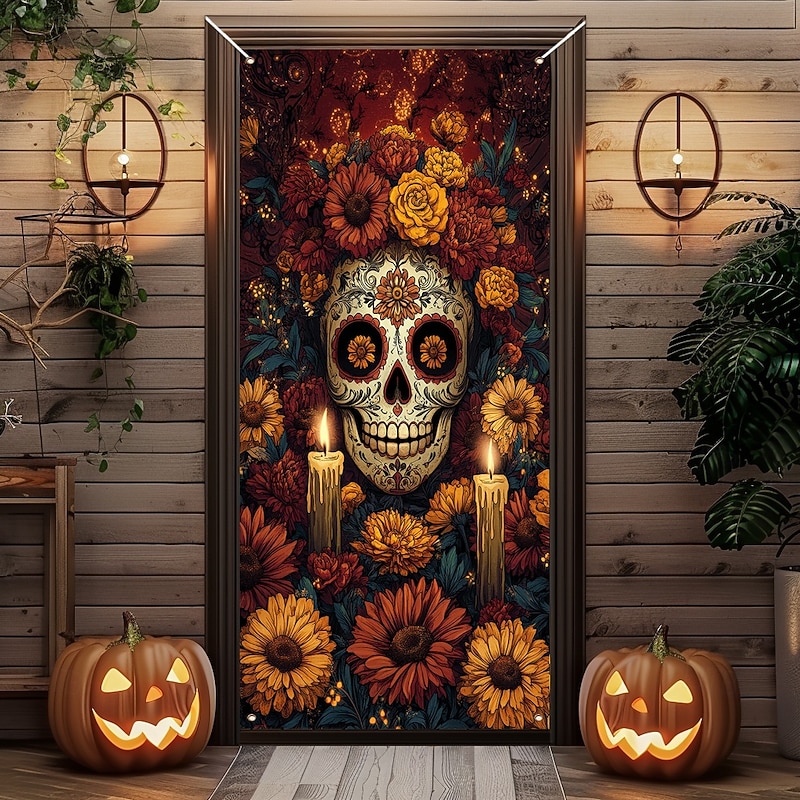 Day of the Dead Banners Door Cover Outdoor Banners Skeleton Marigold Psychedelic Dark Punk Gothic Style Party Outdoor Shooting Backgrounds Front Door Wall Porch Home Decor3