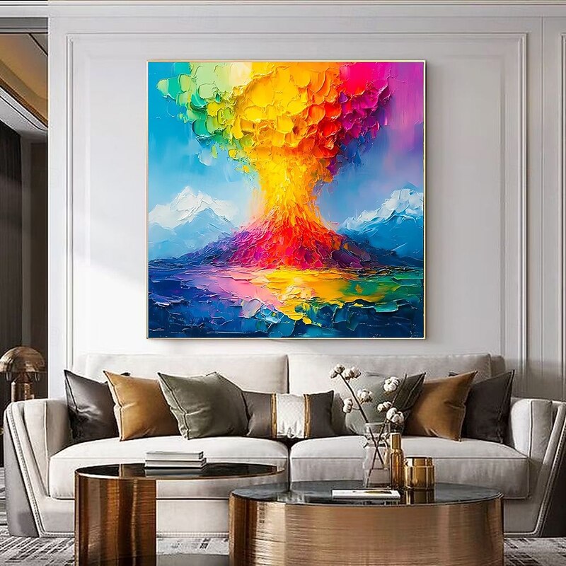 Red Yellow Blue Knife Painting Handmade Oil Painting Modern Abstract on Canvas Wall Art Decoration Mount Fuji Volcanic Eruption Landscape for Home Decor No Frame2