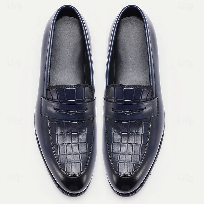 Men's Navy Blue Crocodile Print Penny Loafers – Elegant Leather Slip-On Shoes for Work, Travel and Business Casual Wear4