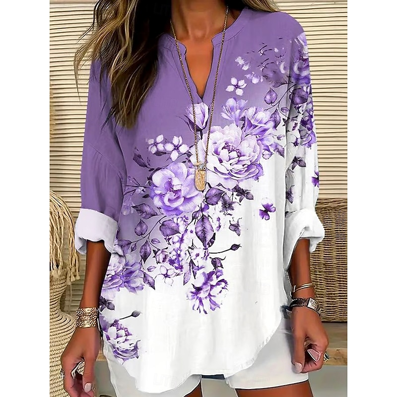 Women's Blouse Floral Graphic Vintage Daily Stylish Long Sleeve V Neck Notched Neck Regular Tops Daily Holiday Print Light Purple Violet Summer Spring Fall4