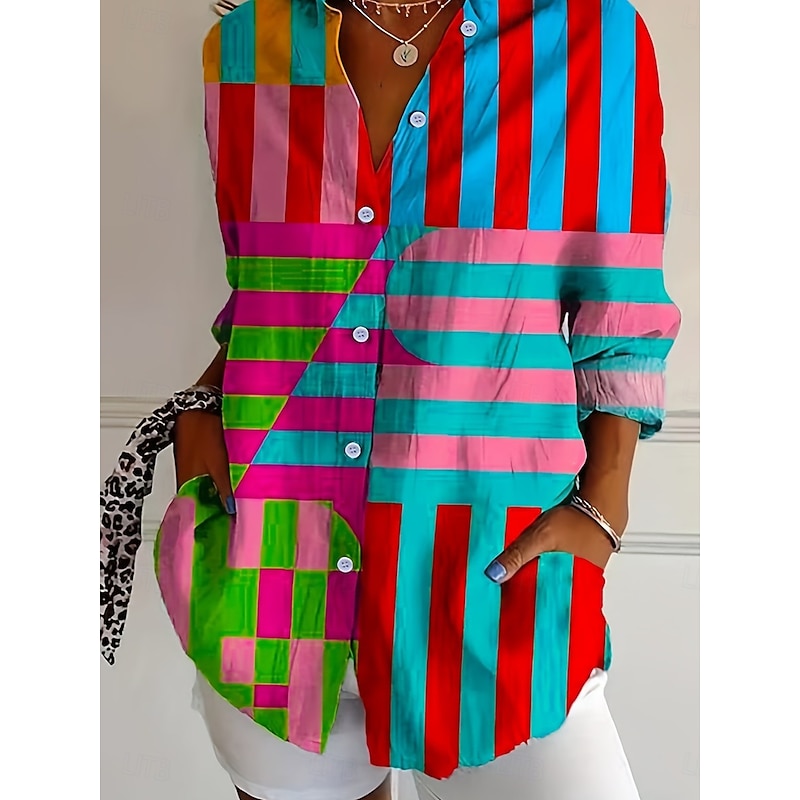 Women's Shirt Floral Graphic Vintage Tropical Stylish Long Sleeve Shirt Collar Regular Tops Work Daily Patchwork Buttons Print Rainbow Summer Spring Fall Winter3