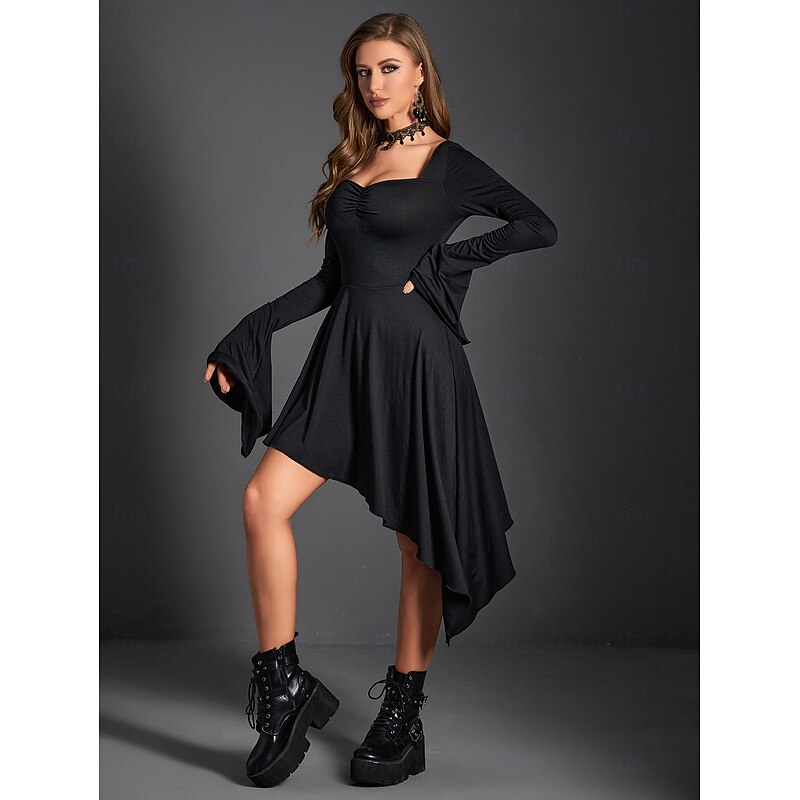 Gothic Dress Bell Sleeve Witch Asymmetrical Hem Solid Color V Neck Fancy Dress Women's Fantasy Halloween Carnival Performance Party Adults Dress