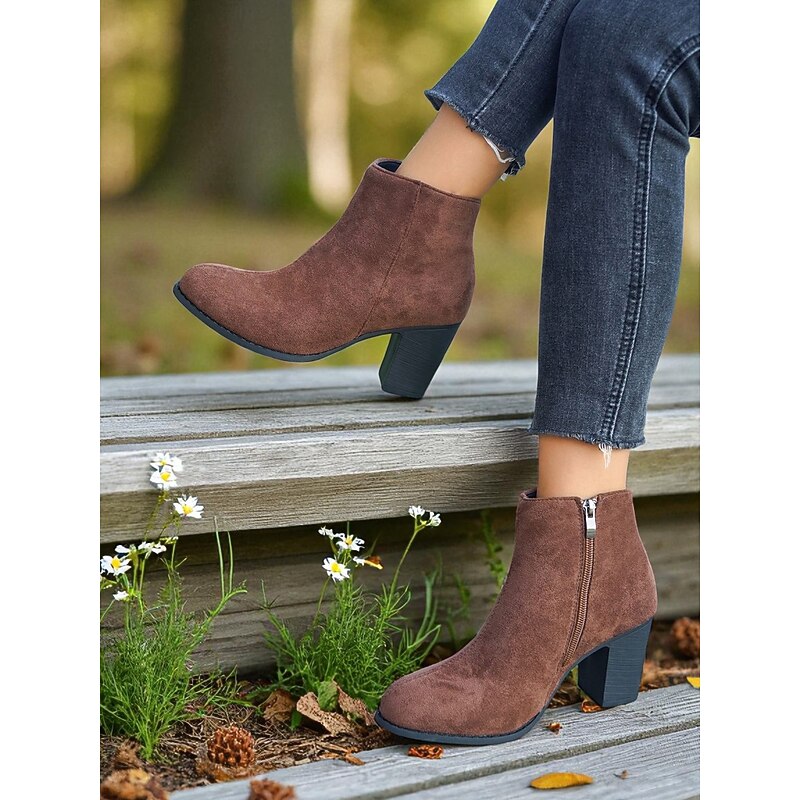 Women's Brown Faux Suede Ankle Boots with Side Zipper – Casual Block Heel Short Boots for Work, Shopping and Everyday Outfits4