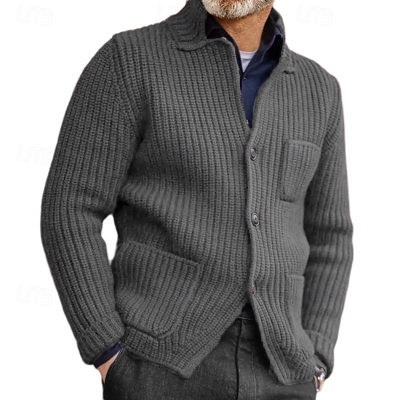 Men's Cardigan Sweater Cropped  Sweater Knit Sweater Ribbed Knit Regular Tops Pocket Buttons Plain Stand Collar Fashion Classic Vacation Daily Wear Clothing Apparel Fall Winter Black Navy Blue S M L2