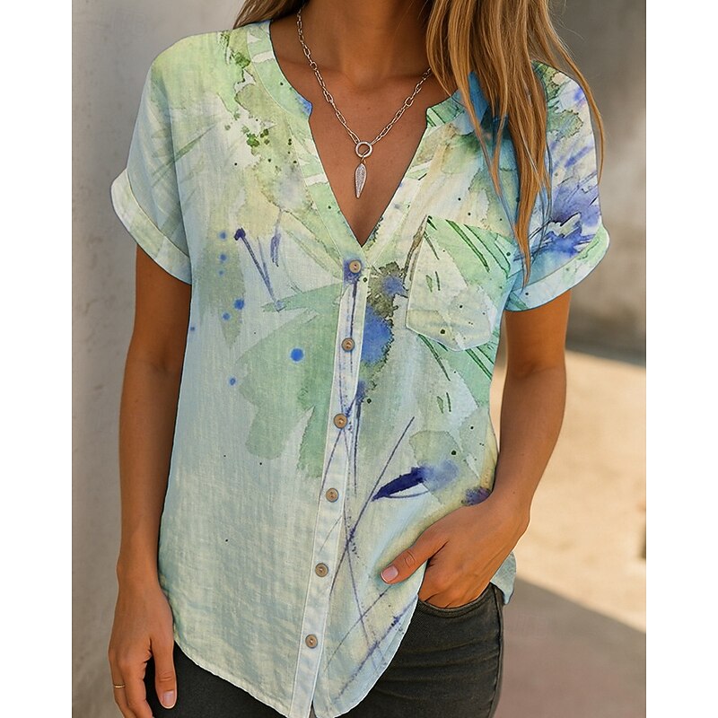 Women's Shirt Blouse Flower Modern Casual Short Sleeve V Neck Regular Tops Daily Holiday Buttons Print Grass Green Blue Purple Green Fall2