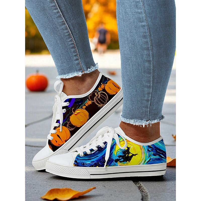Women's Canvas Lace-Up Sneakers with Pumpkin and Witch Night Sky Print – Halloween Festival and Casual Streetwear Shoes3
