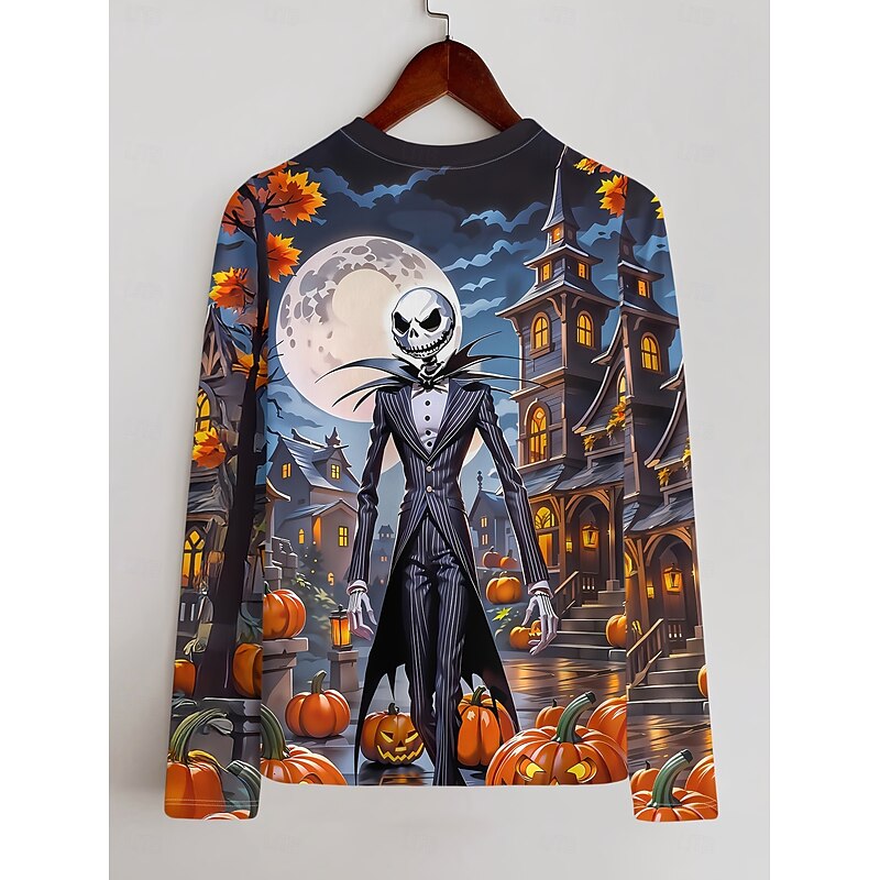 Halloween Women's T Shirt Skulls Graphic Pumpkin Vintage Fashion Stylish Long Sleeve Crew Neck Regular Tops Daily Print Blue Fall Winter2