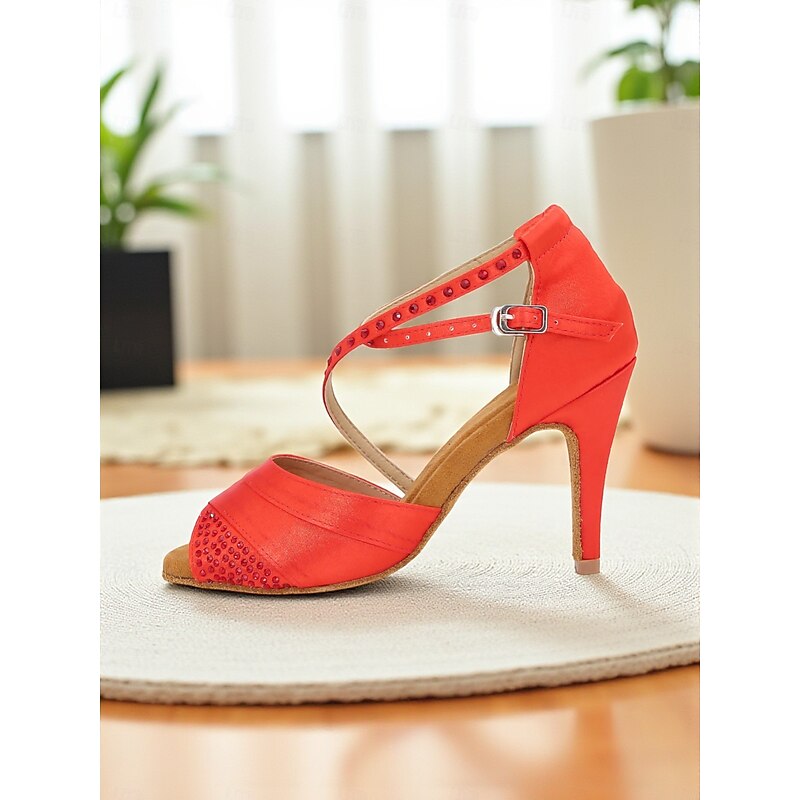 Women's Silver Satin Latin Dance Shoes - Rhinestone Open-Toe Heels with Ankle Straps for Professional Ballroom and Salsa Performances4