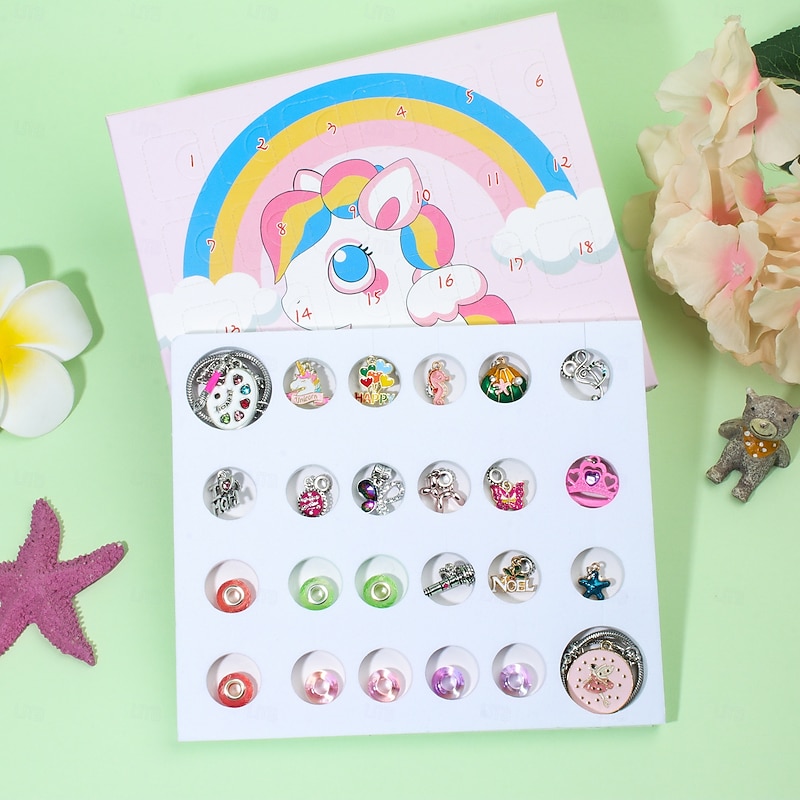 Christmas Advent Calendar Unicorn Bracelets 2025 for Girls, 24 Days Pink DIY Jewelry Making Kit with 22 Charm Beads and 2 Adjustable Bracelets, Xmas Countdown Gift for Kids Teens Women3