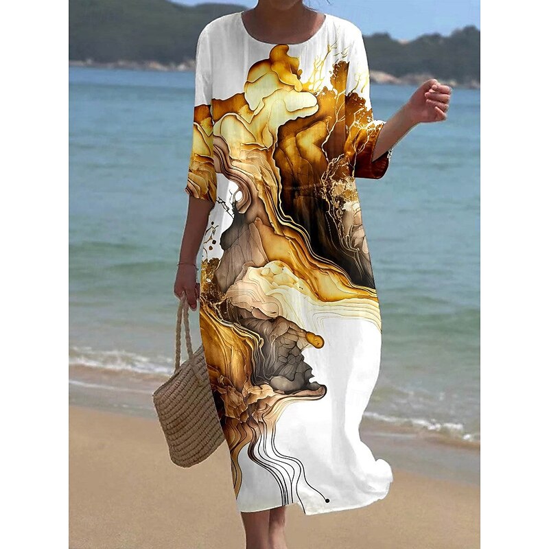 Women's Maxi Dress Kaftan 3/4 Length Sleeve Crew Neck Casual Shift Dress A Line Dress Dress Boho Daily Holiday Date Regular Fit Graphic Geometric Abstract Yellow Blue Green Spring2