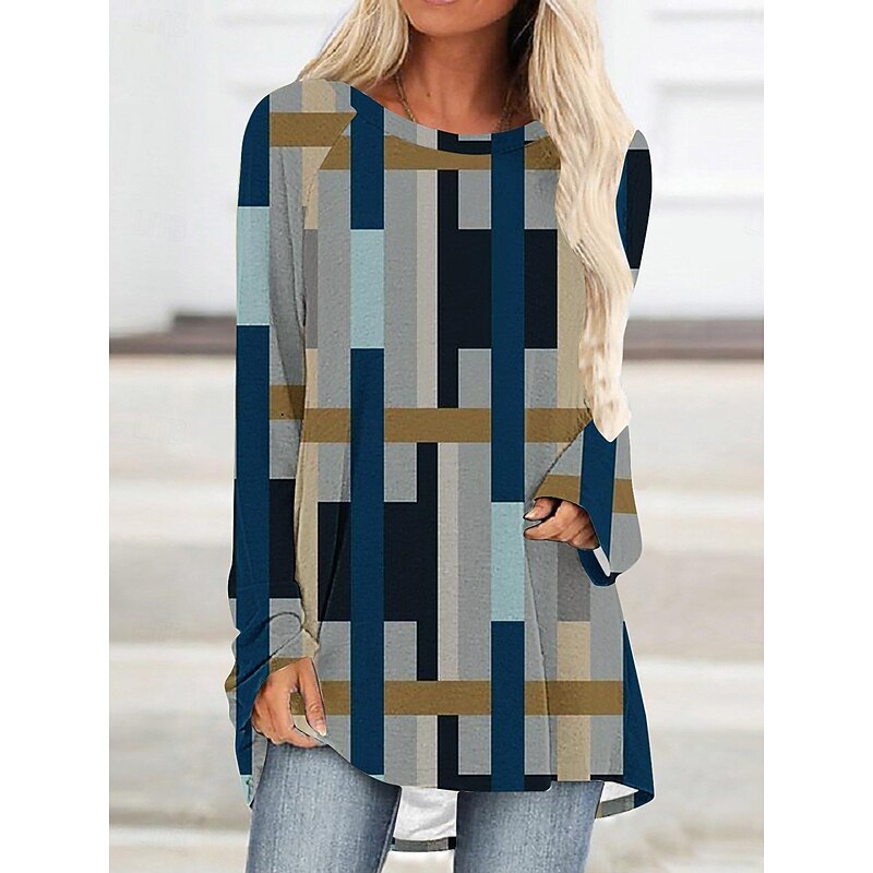 Women's T Shirt Graphic Color Block Vintage Stylish Casual Long Sleeve Crew Neck Regular Tops Daily Print White Red Blue Gray Spring Fall4