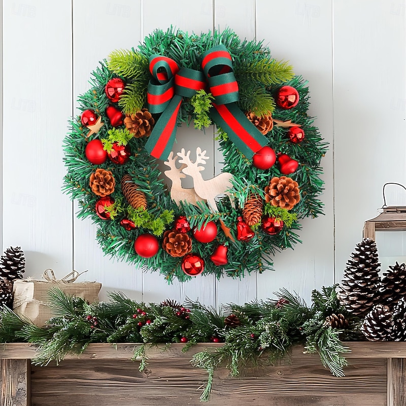 Christmas Wreath for Front Door Xmas Indoor Outdoor Decoration with Pine Needle Wooden Sign Reindeer Baubles Bow Rattan Garland for Mall Window Shop Holiday Display