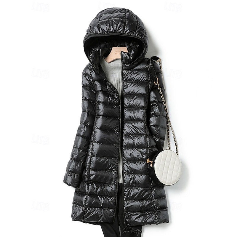 Women's Down Jacket Coat Warm Comfortable Zipper Pocket Fashion Plain Holiday Going out Weekend Zipper Long Hooded Regular Fit Long Sleeve Outerwear Black Pink Khaki Fall Winter3