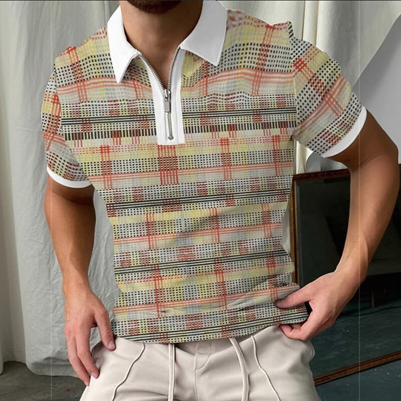 Men's Graphic Zip Polo Short Sleeve Turndown Casual Daily Athleisure Casual Daily Zipper Summer Black Green Brown