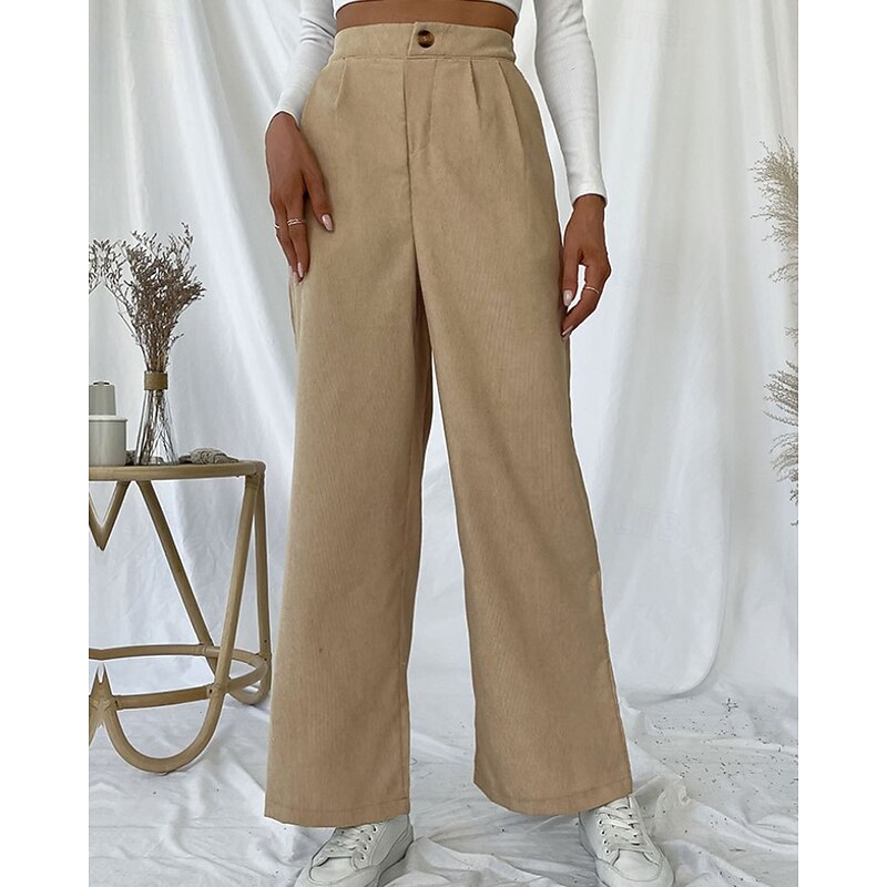 Women's Wide Leg Slacks Streetwear Casual Full Length Natural Plain Pocket Elastic Waist Comfortable Outdoor Street Going out Apricot Fall Regular Fit