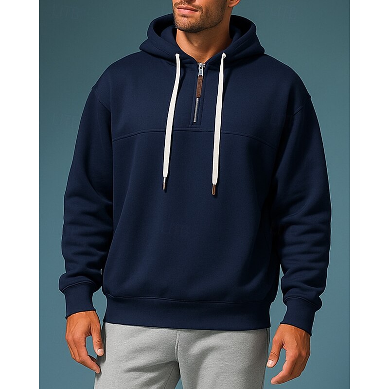 Men's Fleece Pullover Hoodie Casual Sweatshirt Quarter Zipper Thick Long Sleeve Top Athleisure Solid Colored Warm Outdoor Travel Running Sportswear Activewear Black White Burgundy3