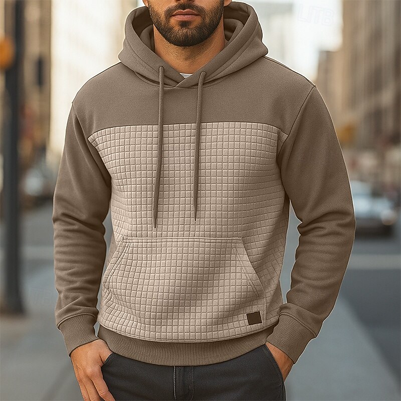 Men's Hoodie Waffle Hoodies Pullover Hoodie Sweatshirt Black Army Green Navy Blue Khaki Dark Gray Hooded Plain Patchwork Textured Sports & Outdoor Casual Daily Streetwear Cool Sportswear Spring3