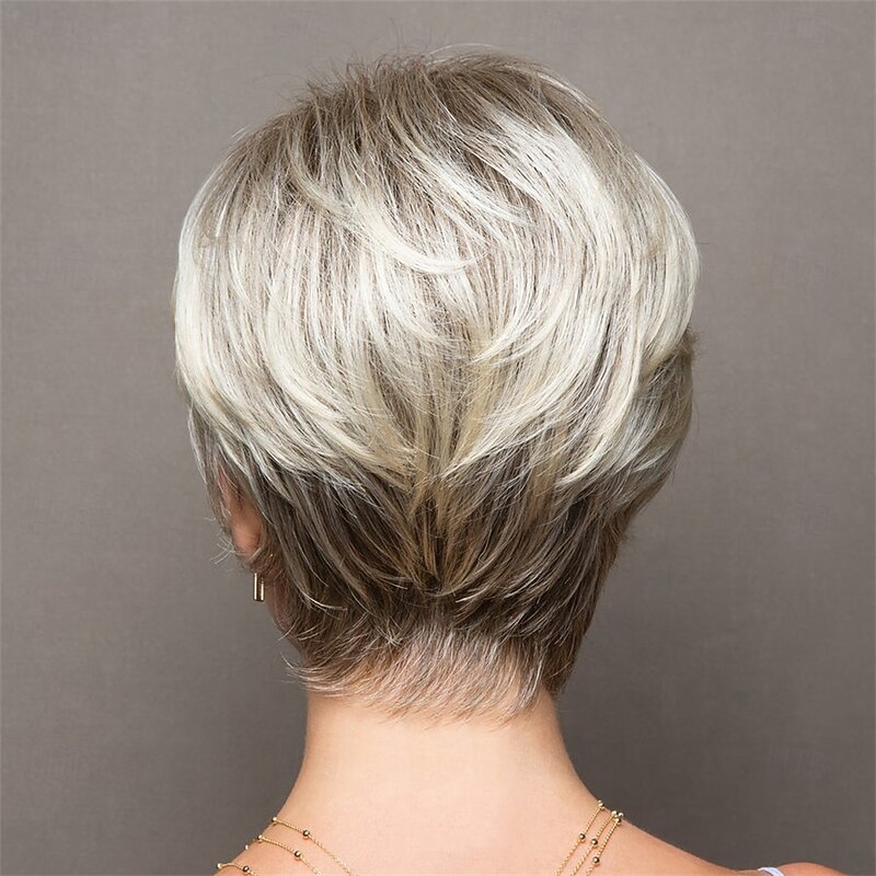 Women’s Silver Grey Pixie Wig Short Layered Cut with Bangs Natural Looking Realistic Synthetic Hair Heat Resistant Elegant Daily Wear Fashion Style3