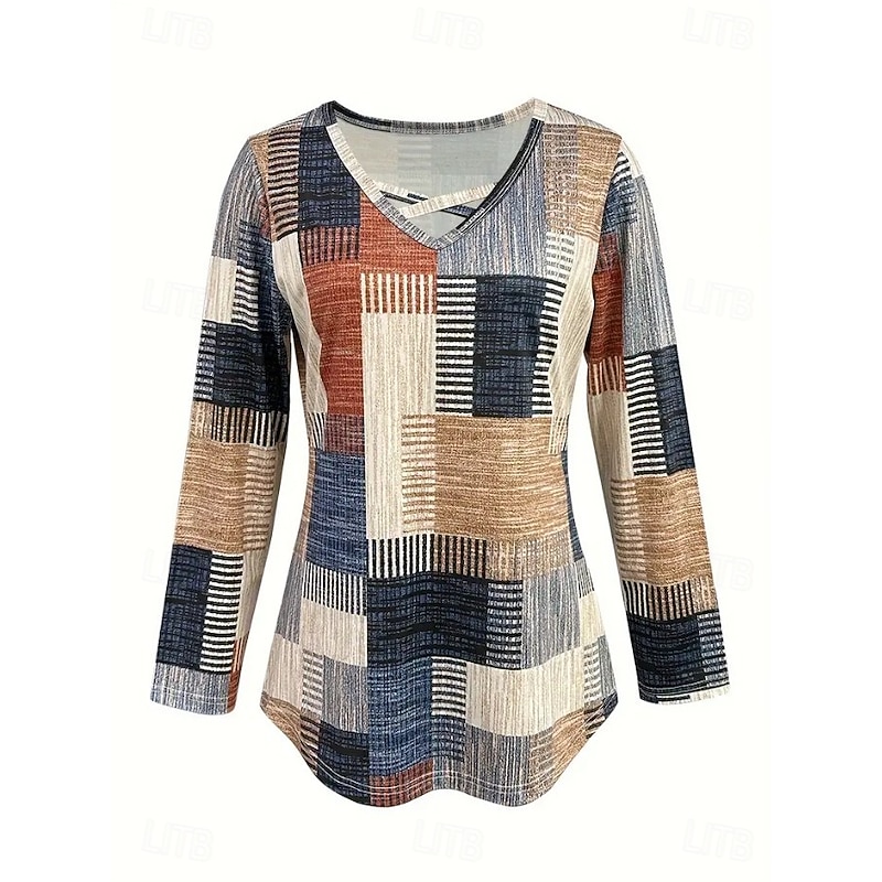 Women's T Shirt Graphic Geometry Vintage Stylish Classic Long Sleeve V Neck Regular Tops Daily Cut Out Print Khaki Spring Fall2