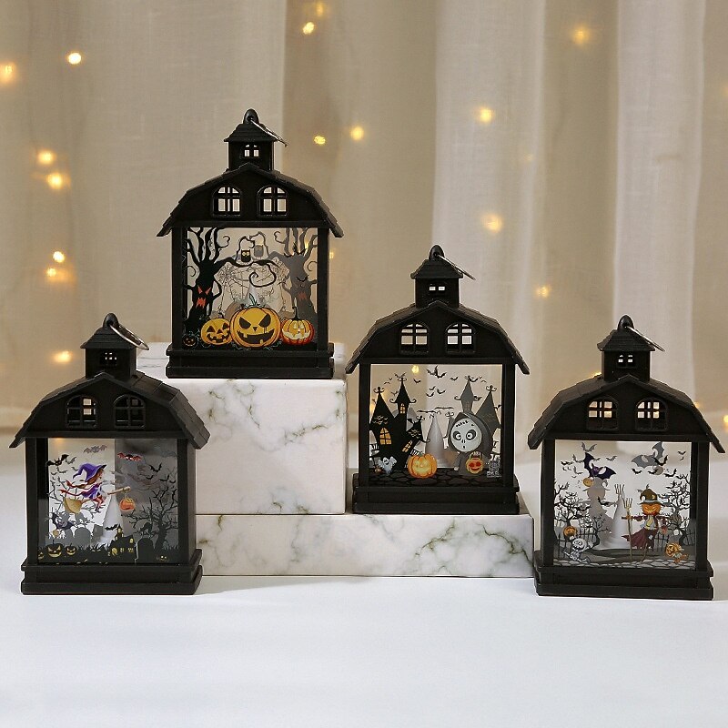 1 Pc 14.5 * 9.9CM Halloween LED Electronic Candle Light Wind Lantern Pumpkin Witch Skull Scarecrow Indoor and Outdoor Restaurant Bedroom Halloween Festival Atmosphere Decorative Light AG13 * 3 Battery2