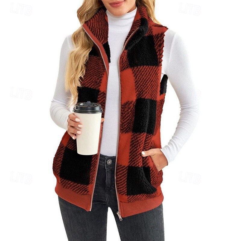 Women's Vest Comfortable Zipper Pocket Casual Plaid Street Holiday Zipper Regular Turndown Regular Fit Sleeveless Outerwear Black Red Green Fall Winter2