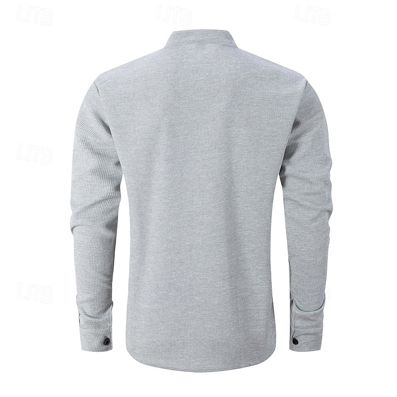 Men's Shirt Summer Shirt Casual Shirt Beach Shirt Button Up Shirt Black White Wine Dark Green khaki Long Sleeve Plain Band Collar Vacation Hawaiian Pocket Clothing Apparel Polyester Fashion Casual4