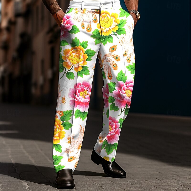 Men's Floral Print Flowers Dress Pants Trousers Suit Pants Mid Waist Casual Casual Holiday Relaxed Fit Flat Front Dress Pants with Side Pockets Spring Fall 3D Print White Red4