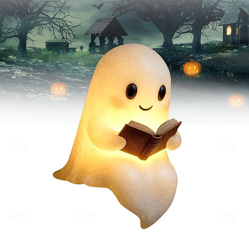 1 Pc 15cm/6 inch Halloween Cute Ghost Reading Decoration Light Dining Table Bedroom Bookshelf Courtyard Desktop Cute Night Light3