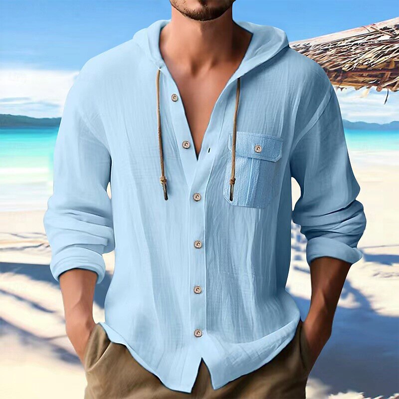 Men's Shirt Linen Shirt Summer Shirt Beach Wear Hooded Shirt Solid Color Vacation Holiday Black White Blue Khaki Long Sleeve Hooded Summer Spring Clothing Apparel Pocket