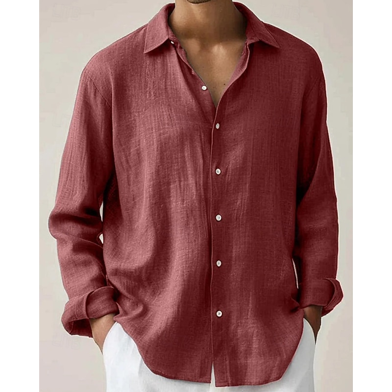 Men's Shirt Summer Shirt Casual Shirt Beach Shirt Button Up Shirt Yellow Red Green Long Sleeve Plain Lapel Vacation Hawaiian Clothing Apparel Polyester Fashion Casual Comfortable3