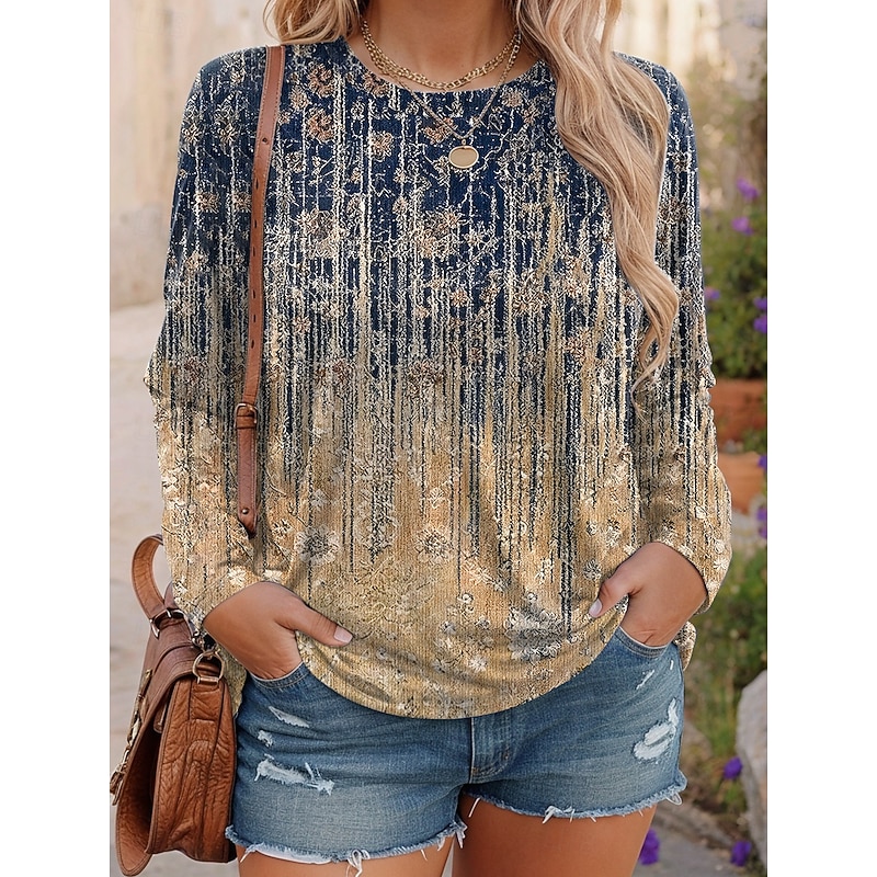 Women's Plus Size Tops T Shirt Geometry Print Long Sleeve Crew Neck Casual Daily Polyester Fall Winter Pink Red