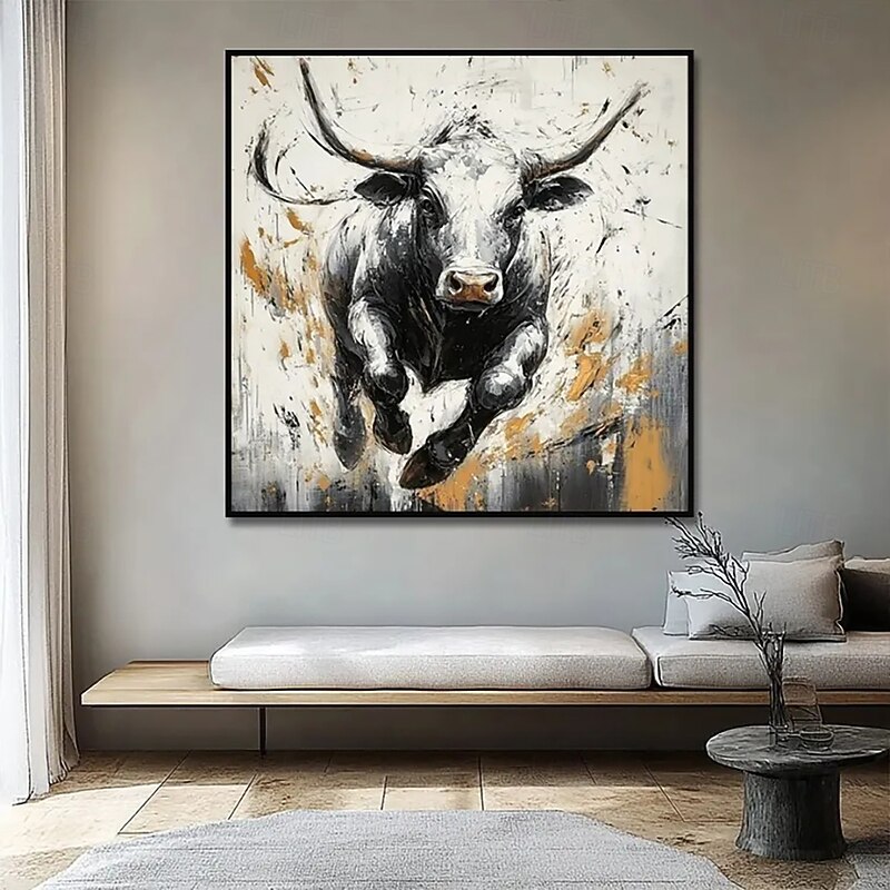 Handmade Oil Painting Acrylic Canvas Wall Art Decoration Animal Oil Painting Black-and-White Running Bull for Home Office Hotel Club Decor Rolled Frameless Unstretched Painting