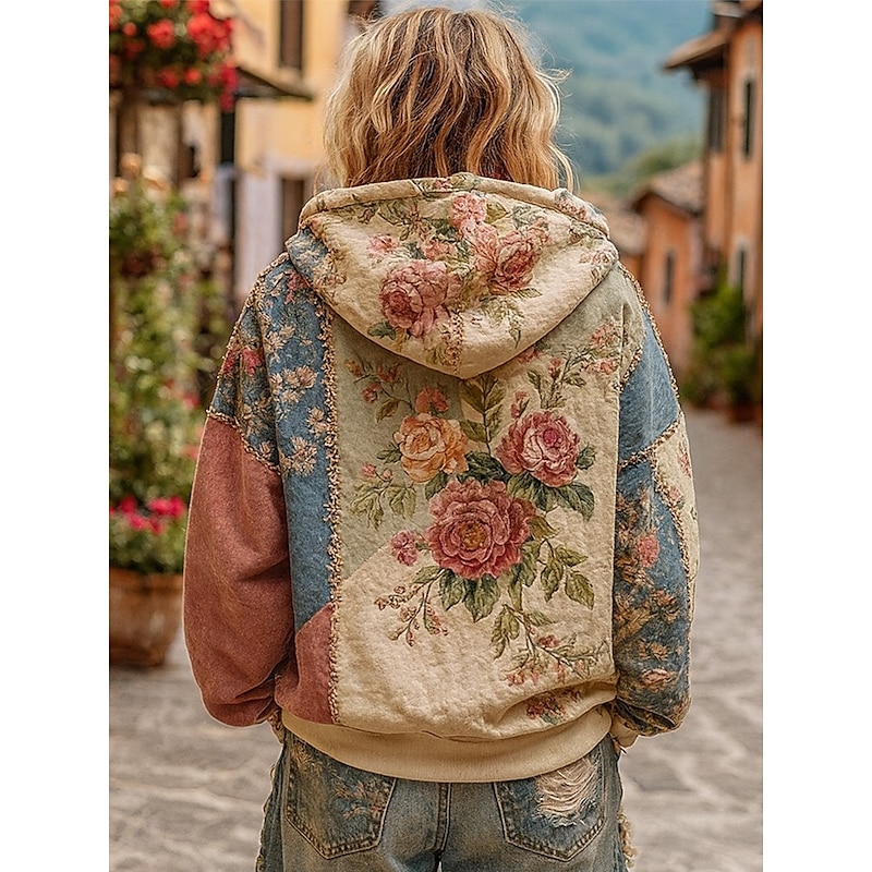 Women's 3D Print Vintage Boho Hoodie Patchwork Hoodie Sweatshirt Floral Pullover Sweatshirt Oversized Warm Active Hooded Street Dailywear Patchwork Black White Yellow Dark Pink Spring Fall Winter3