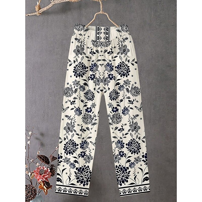 Women's Chinos Pants Trousers Streetwear Casual Full Length High Waist Striped Elastic Waist Print Breathability Comfortable Stretchy Vacation Street Daily Wear Beige Summer Spring Fall Regular Fit