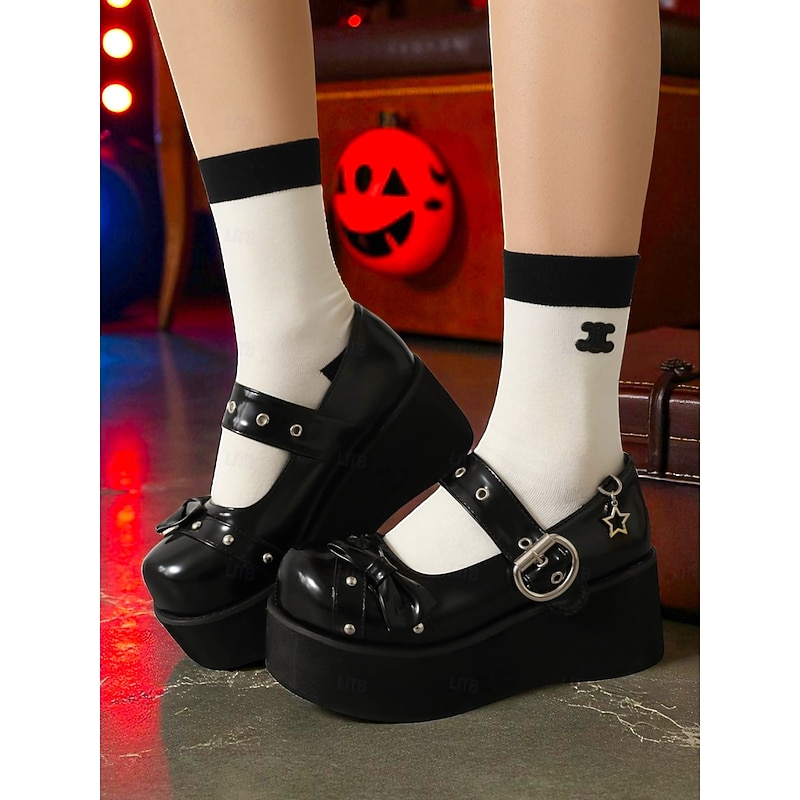 Women's Black Platform Mary Jane Shoes with Studs and Bow – Gothic Lolita Style Flats for Halloween, Cosplay and Alternative Fashion Lovers