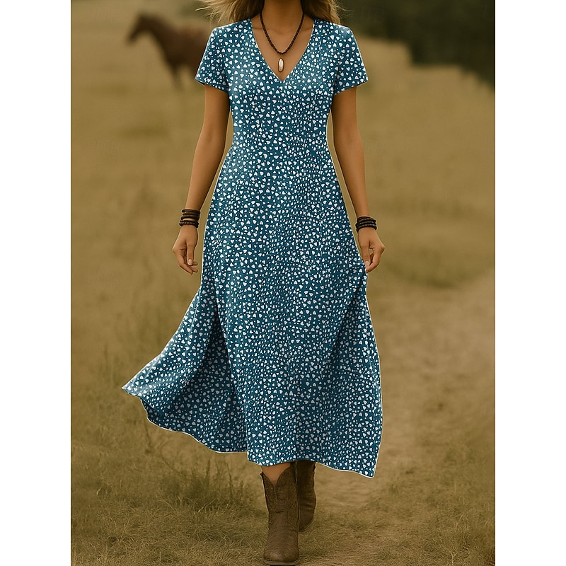 Women's Maxi Dress Casual Dress A Line Dress Summer Dress Elegant Vacation Casual Beach Regular Fit Floral Graphic Polka Dot Short Sleeve V Neck Red Blue Brown Green Summer Spring2
