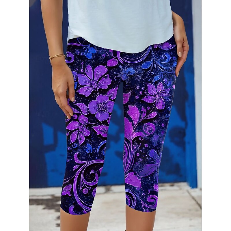 Women's Leggings Vacation Vintage Fashion Capris High Waist Floral Graphic Printing Soft Breathable Stretchy Formal Vacation Office White Purple Summer Spring Slim Fit3