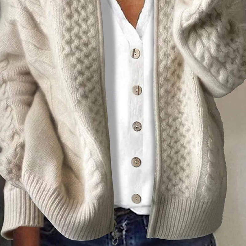 Women's Cardigan Casual Solid Color Cable Turtleneck Zipper Knitted Long Sleeve Regular Tops Knit Holiday Going out Weekend Apricot Fall3