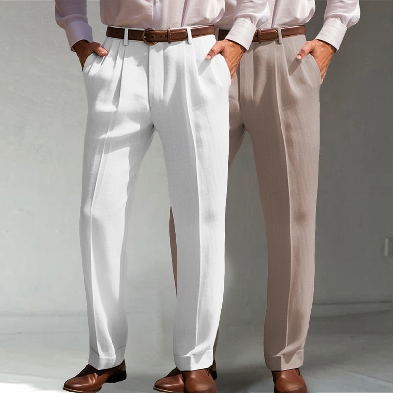 Men's Dress Pants Linen Pants Trousers Summer Pants Front Pocket Pleats Straight Leg Plain Comfort Breathable Full Length Formal Business Daily Fashion Basic Green+Gray White+khaki Inelastic2